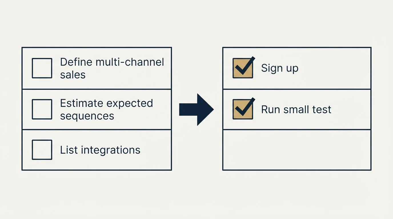 Before-and-after steps: Getting Started Checklist (Define multi-channel sales, Estimate expected sequences, List integrations, Sign up)