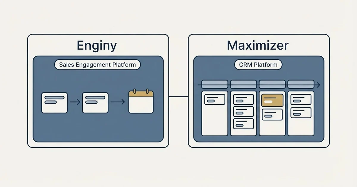 Side-by-side panels: Enginy vs Maximizer (Sales Engagement Platform, CRM Platform)
