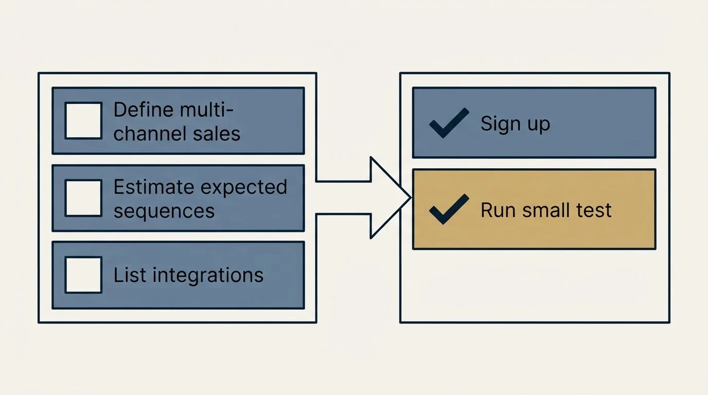 Before-and-after steps: Getting Started Checklist (Define multi-channel sales, Estimate expected sequences, List integrations, Sign up)