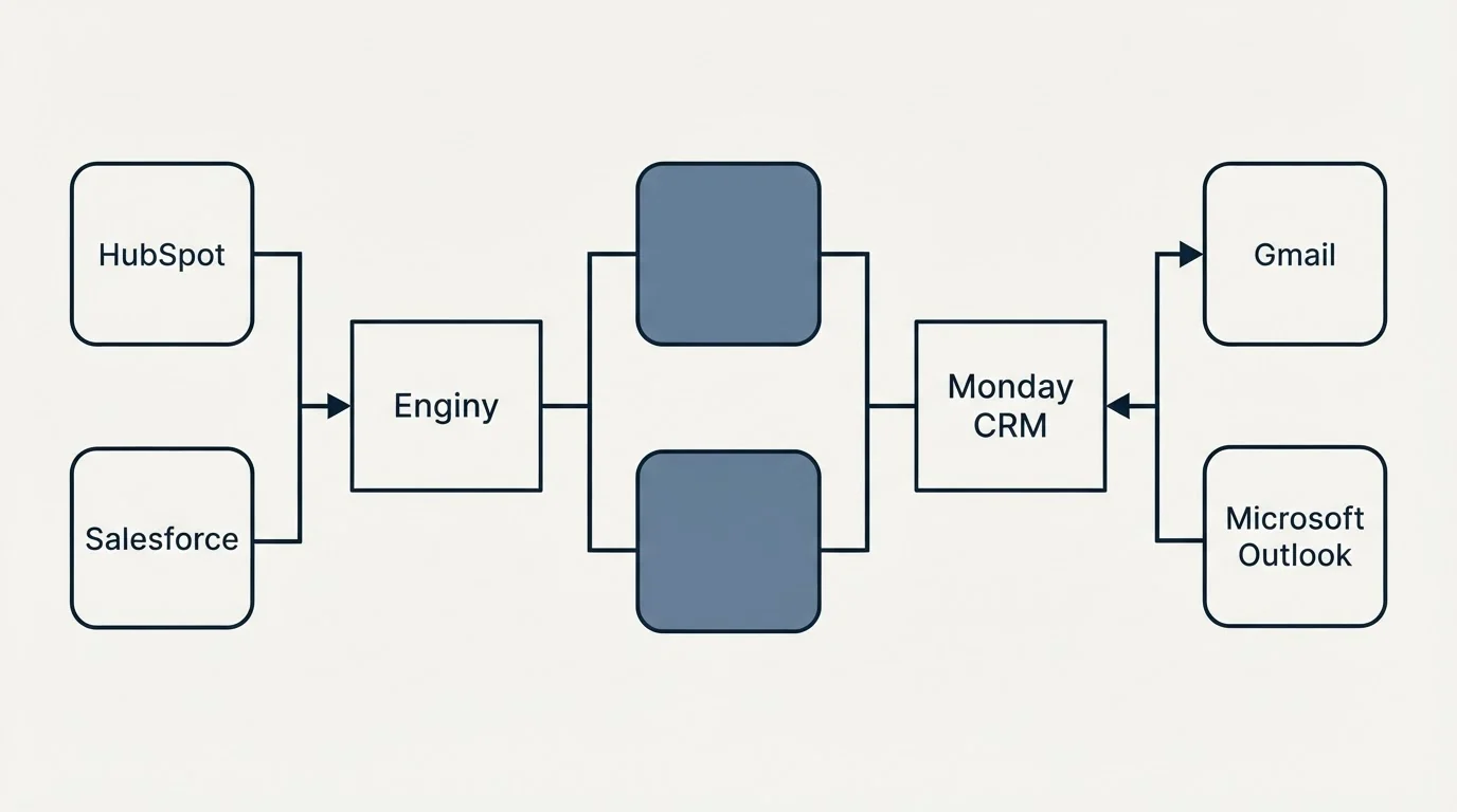 Integration flow: Integration Ecosystem (Enginy, Monday CRM, HubSpot, Gmail)