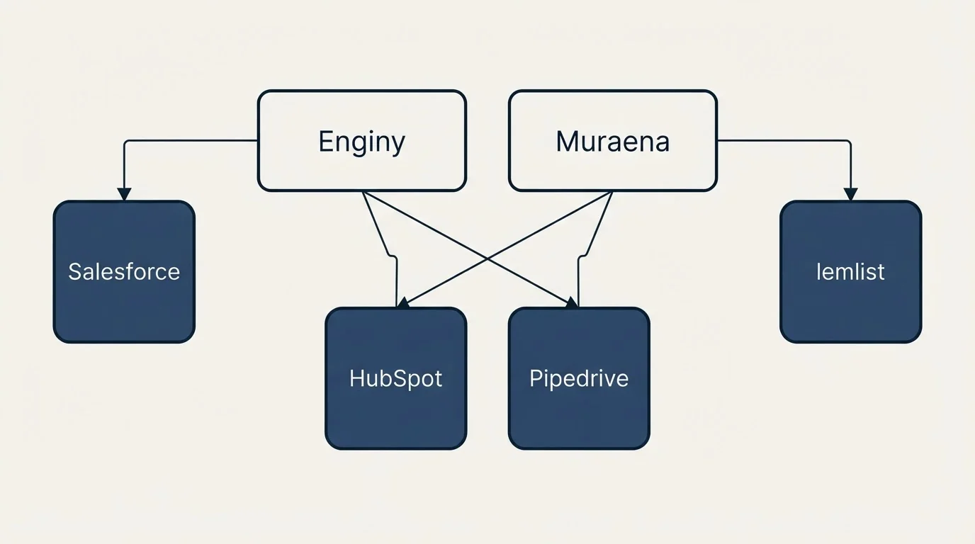 Integration grid: Integration Ecosystem (Enginy, Muraena, HubSpot, Pipedrive)