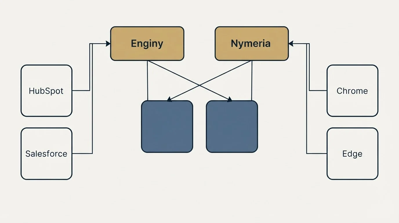Integration grid: Integration Ecosystem (Enginy, Nymeria, HubSpot, Chrome)