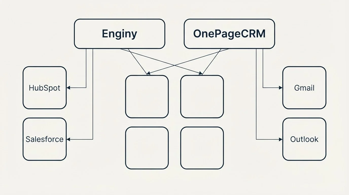 Integration grid: Integration Ecosystem (Enginy, OnePageCRM, HubSpot, Gmail)