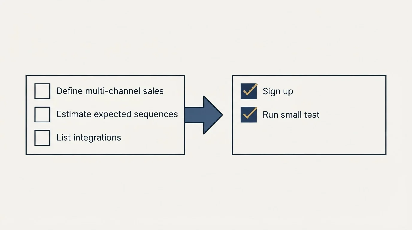 Before-and-after steps: Getting Started Checklist (Define multi-channel sales, Estimate expected sequences, List integrations, Sign up)