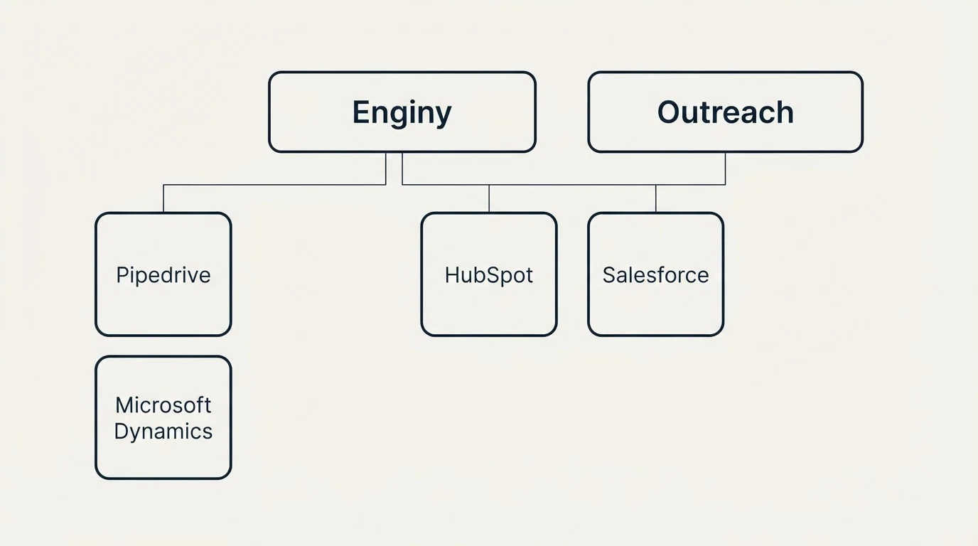 Integration grid: Integration Ecosystem (Enginy, Outreach, HubSpot, Salesforce)