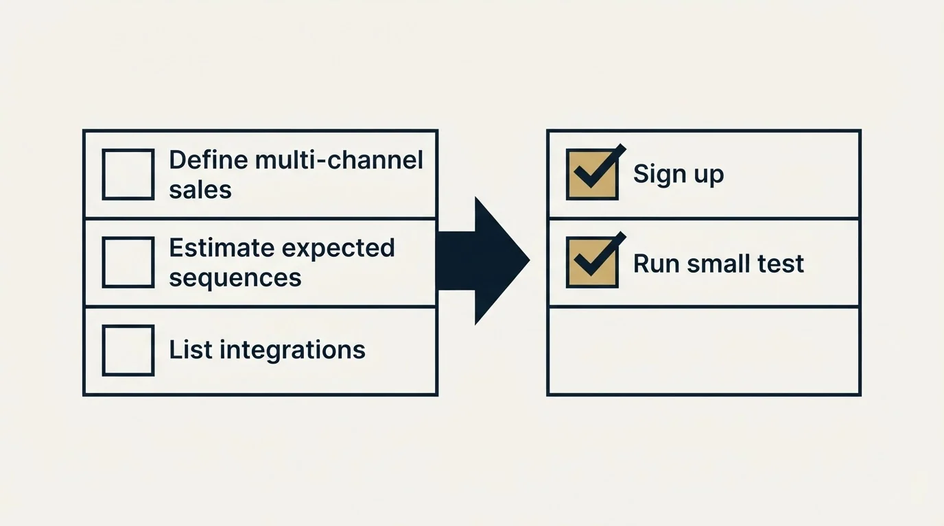Before-and-after steps: Getting Started Checklist (Define multi-channel sales, Estimate expected sequences, List integrations, Sign up)