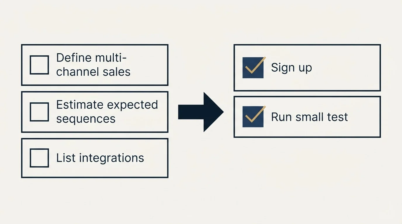 Before-and-after steps: Getting Started Checklist (Define multi-channel sales, Estimate expected sequences, List integrations, Sign up)