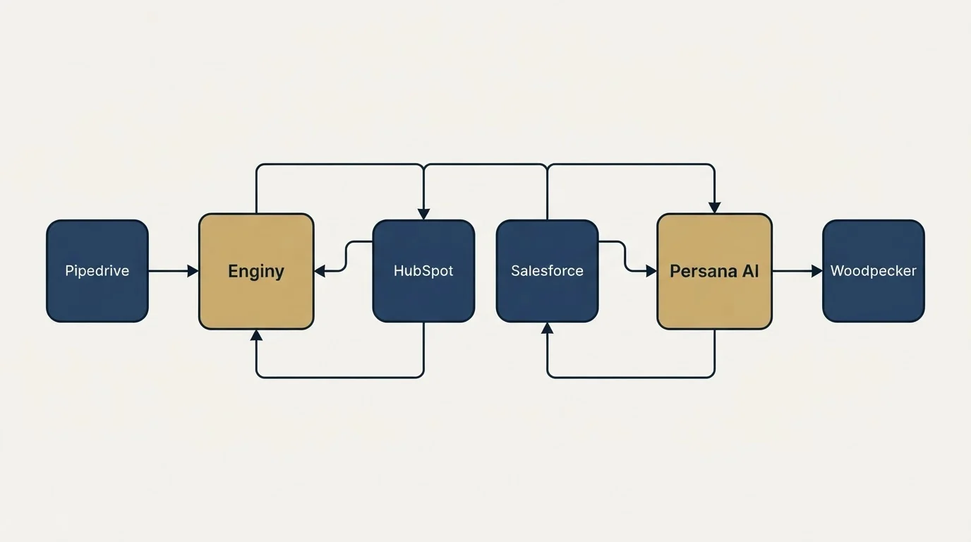 Integration schematic: Integration Ecosystem (Enginy, Persana AI, HubSpot, Salesforce)