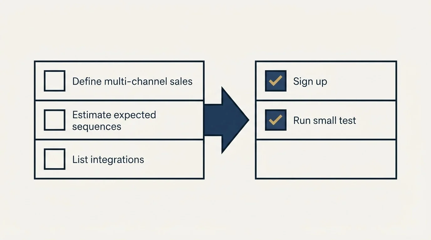 Before-and-after steps: Getting Started Checklist (Define multi-channel sales, Estimate expected sequences, List integrations, Sign up)