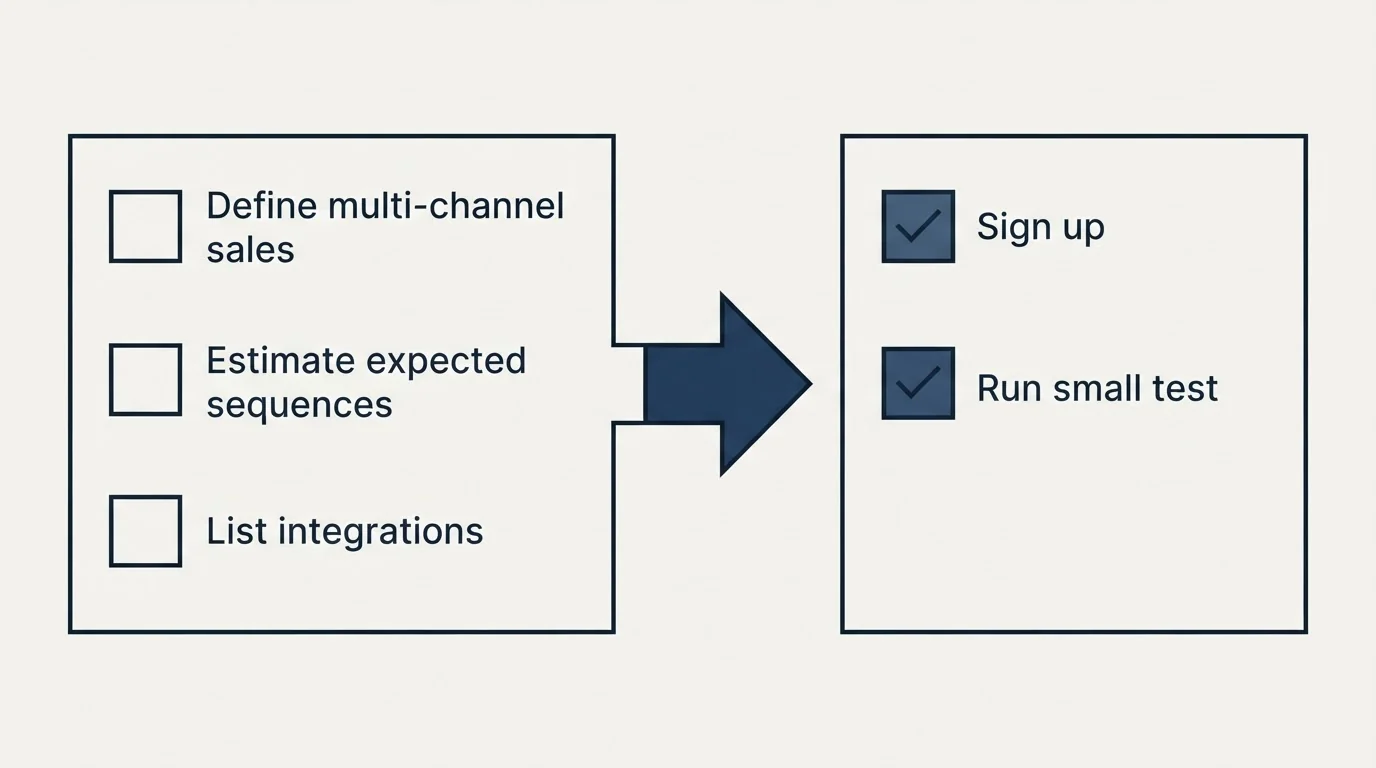 Before-and-after steps: Getting Started Checklist (Define multi-channel sales, Estimate expected sequences, List integrations, Sign up)