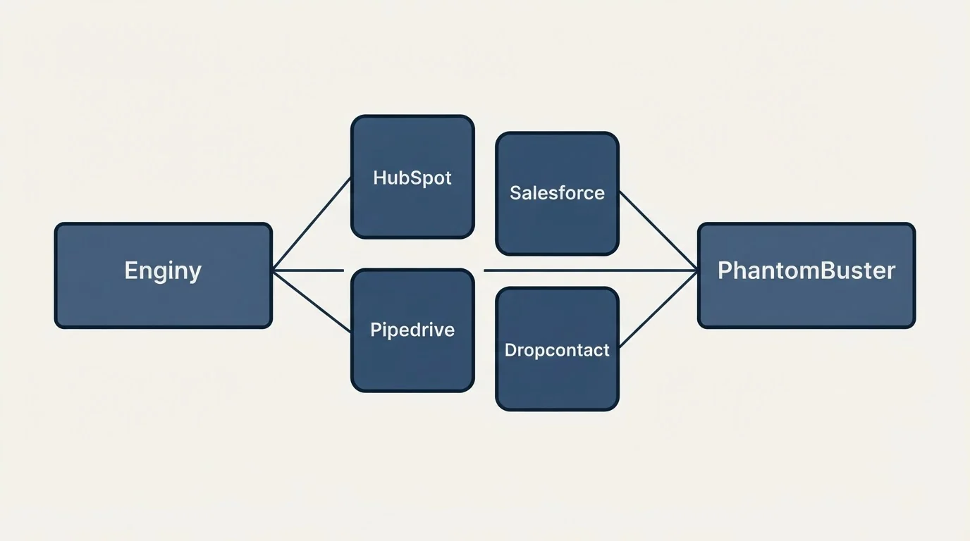 Integration schematic: Integration Ecosystem (Enginy, PhantomBuster, HubSpot, Salesforce)