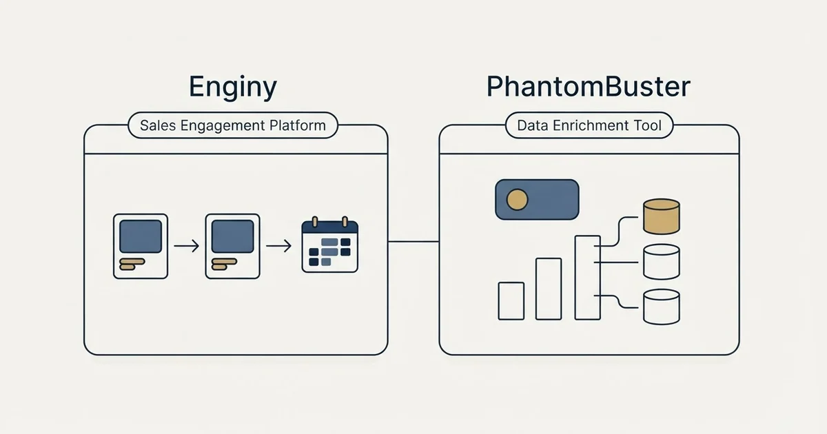 Side-by-side panels: Enginy vs PhantomBuster (Sales Engagement Platform, Data Enrichment Tool)