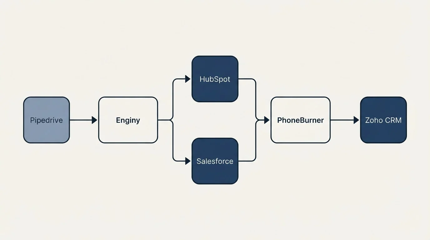 Integration flow: Integration Ecosystem (Enginy, PhoneBurner, HubSpot, Salesforce)