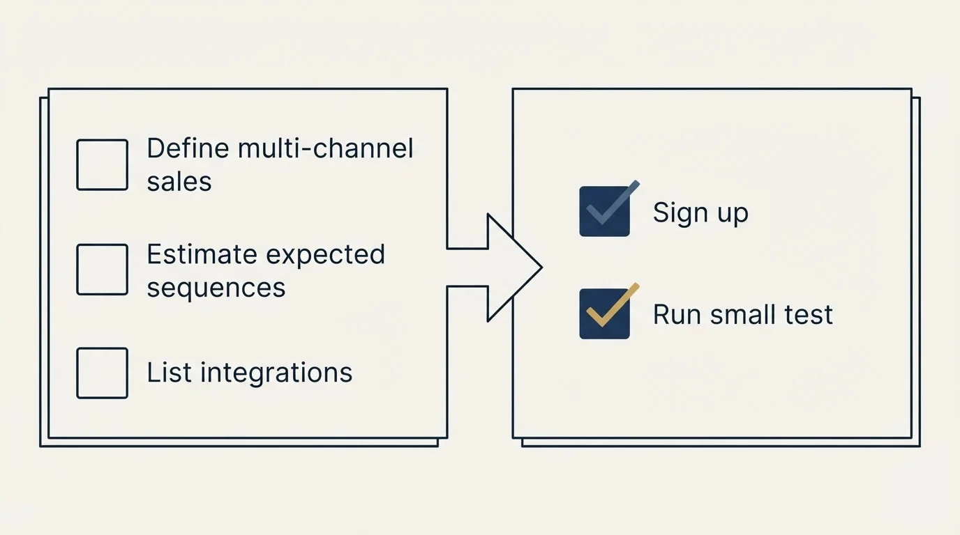 Before-and-after steps: Getting Started Checklist (Define multi-channel sales, Estimate expected sequences, List integrations, Sign up)