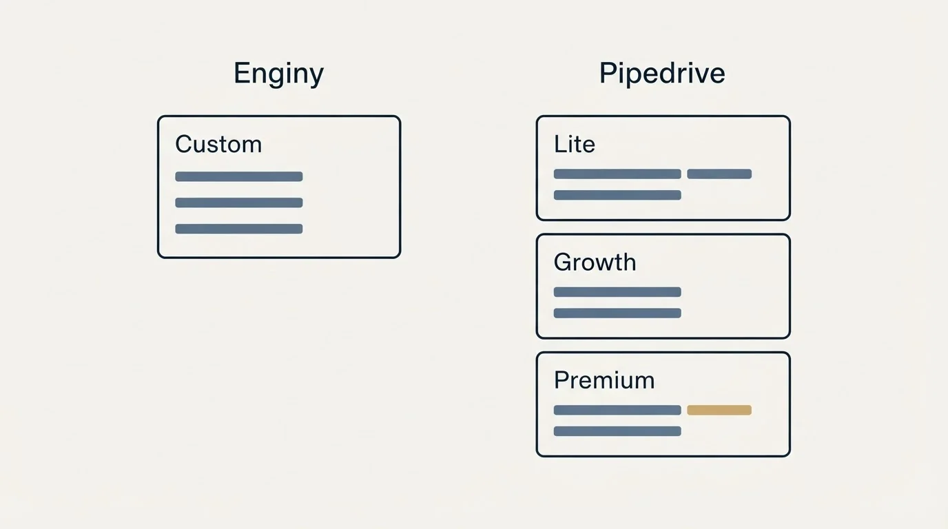 Pricing panels: Pricing Comparison (Enginy, Pipedrive, Custom, Lite)