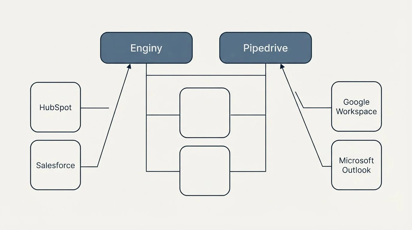 Integration grid: Integration Ecosystem (Enginy, Pipedrive, HubSpot, Google Workspace)