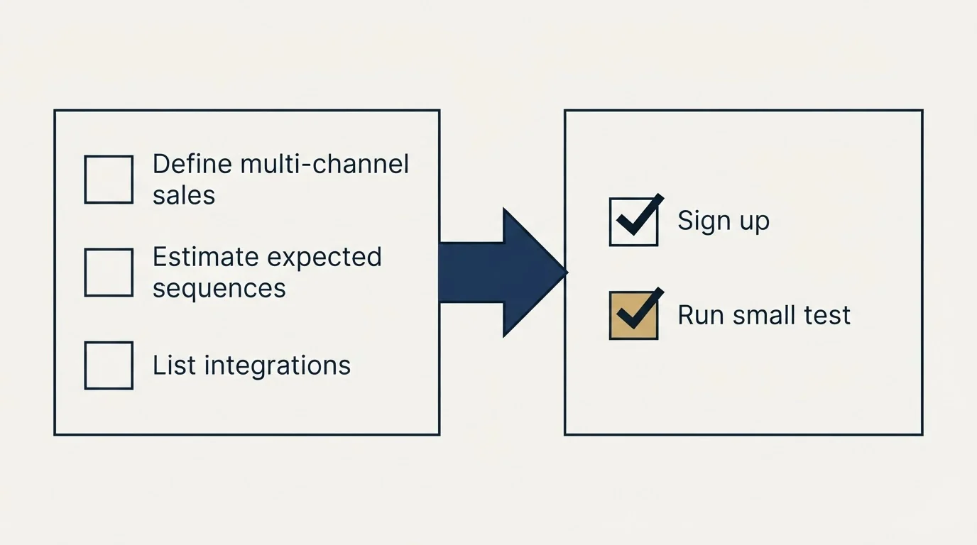 Before-and-after steps: Getting Started Checklist (Define multi-channel sales, Estimate expected sequences, List integrations, Sign up)