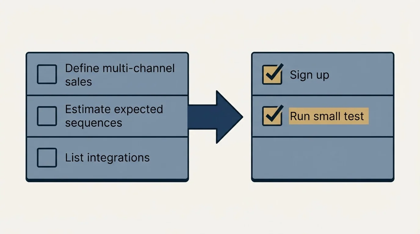 Before-and-after steps: Getting Started Checklist (Define multi-channel sales, Estimate expected sequences, List integrations, Sign up)