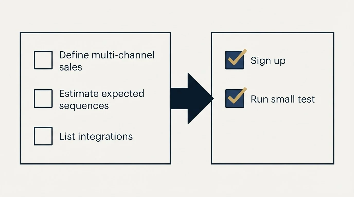 Before-and-after steps: Getting Started Checklist (Define multi-channel sales, Estimate expected sequences, List integrations, Sign up)