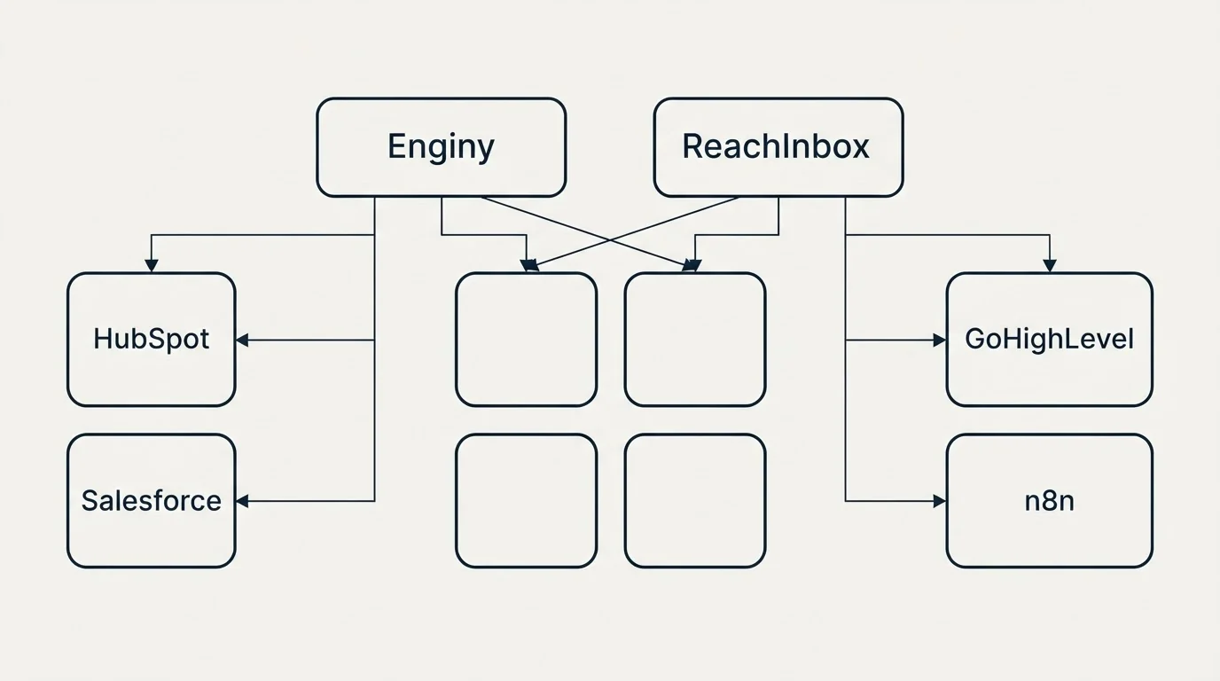 Integration grid: Integration Ecosystem (Enginy, ReachInbox, HubSpot, GoHighLevel)