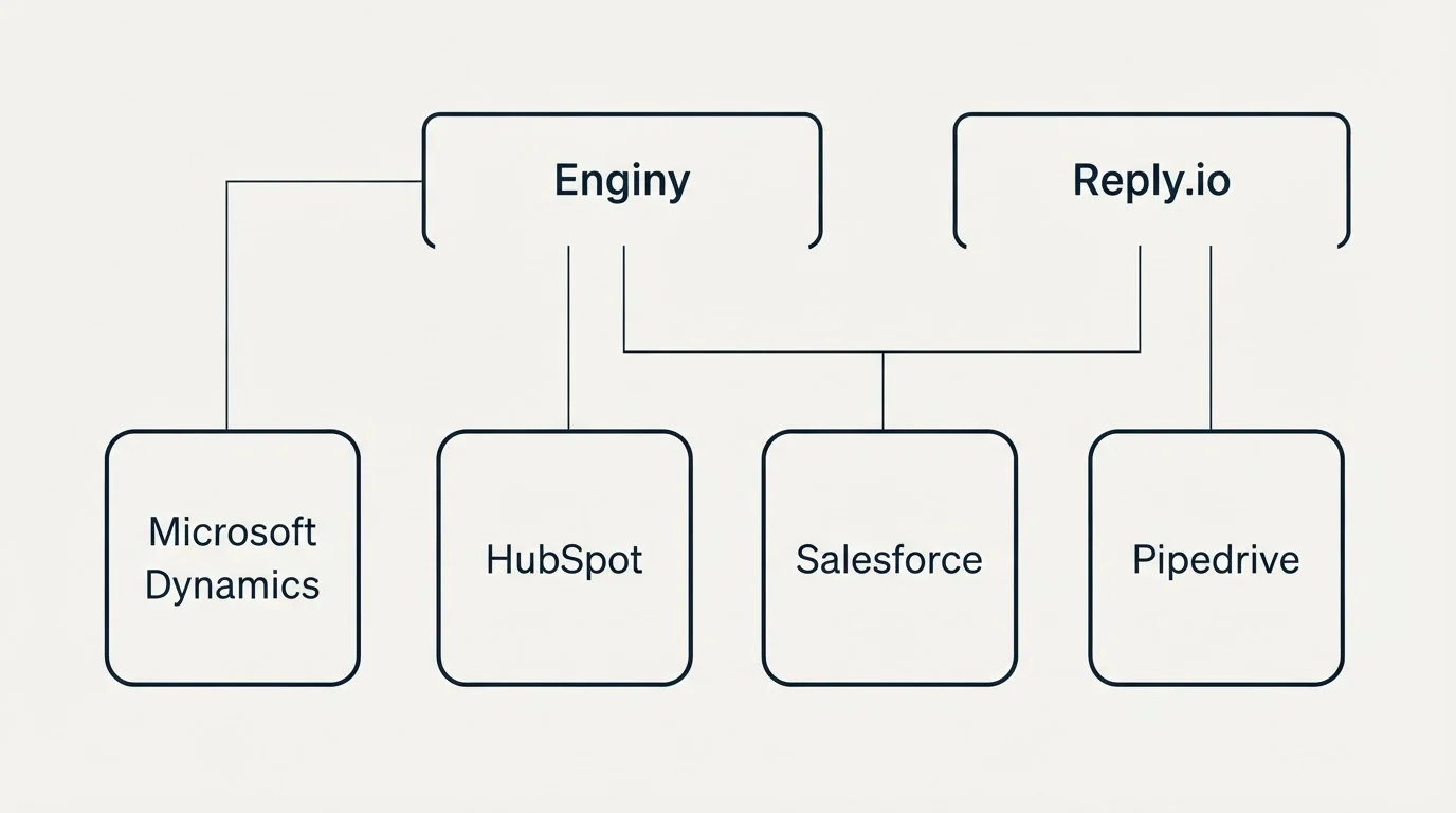 Integration grid: Integration Ecosystem (Enginy, Reply.io, HubSpot, Salesforce)
