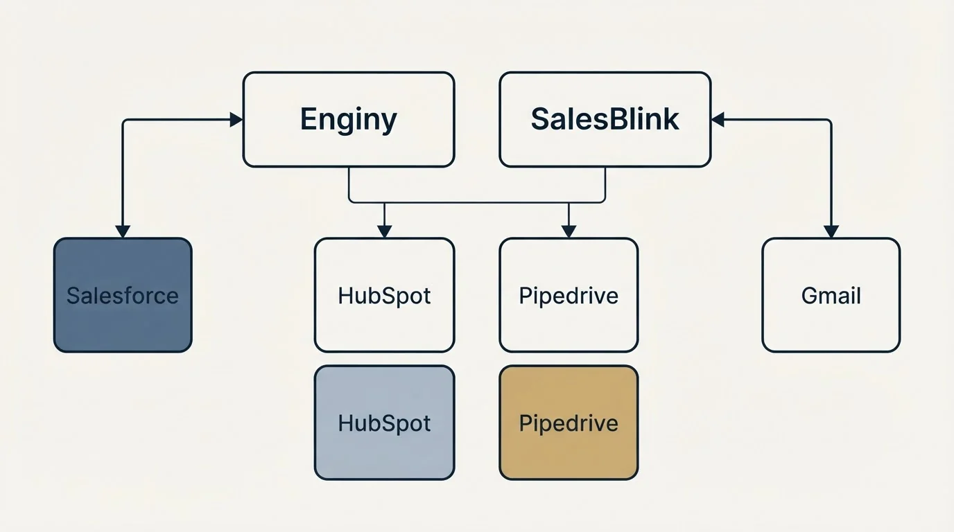 Integration grid: Integration Ecosystem (Enginy, SalesBlink, HubSpot, Pipedrive)