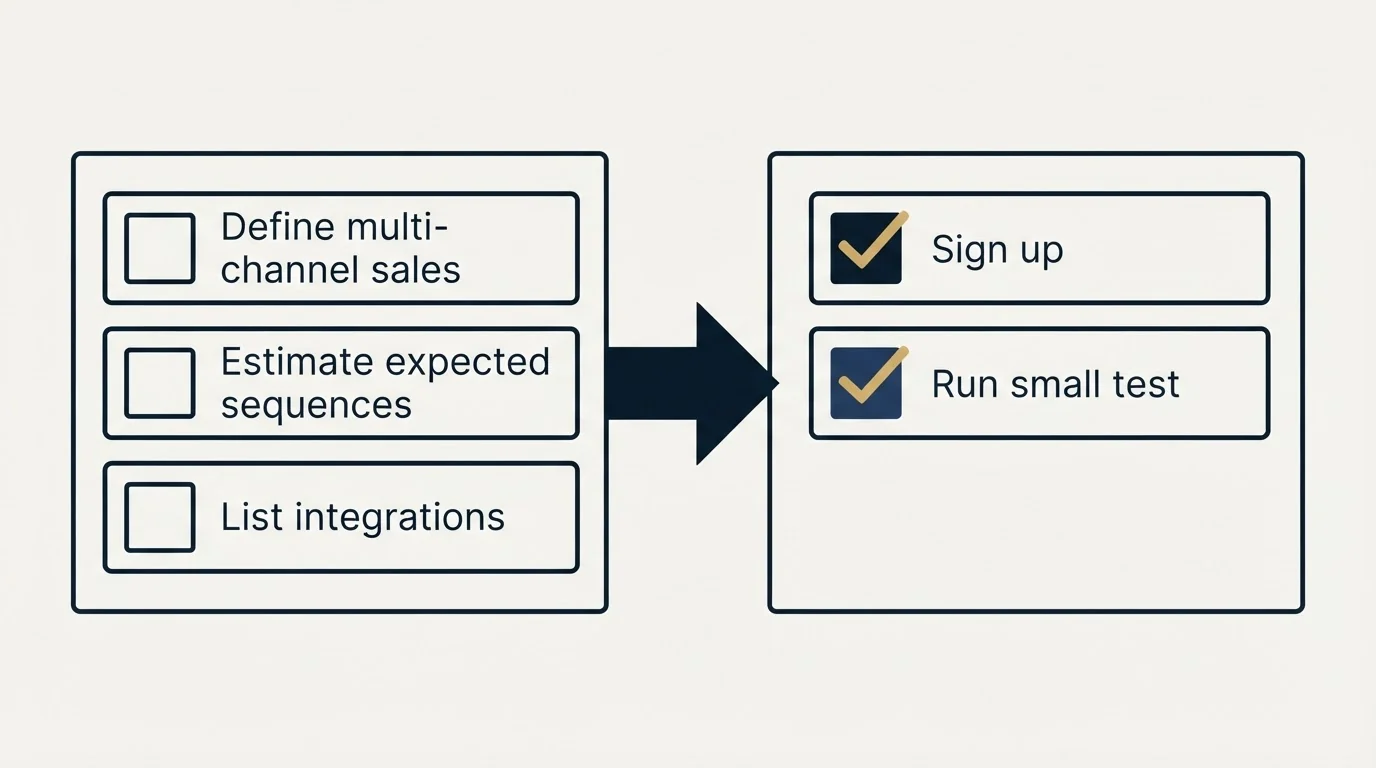 Before-and-after steps: Getting Started Checklist (Define multi-channel sales, Estimate expected sequences, List integrations, Sign up)