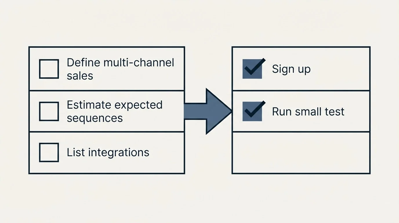 Before-and-after steps: Getting Started Checklist (Define multi-channel sales, Estimate expected sequences, List integrations, Sign up)