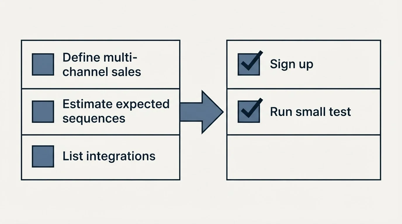 Before-and-after steps: Getting Started Checklist (Define multi-channel sales, Estimate expected sequences, List integrations, Sign up)