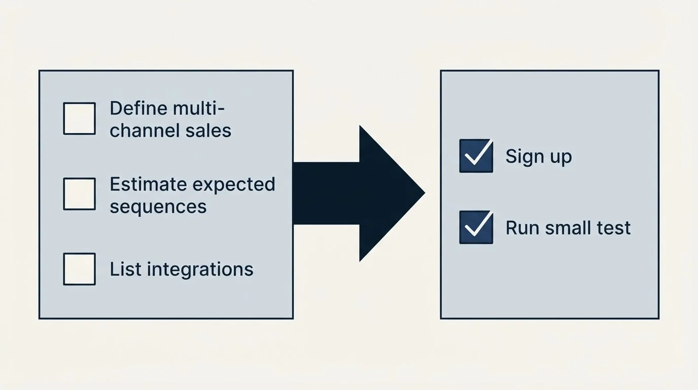 Before-and-after steps: Getting Started Checklist (Define multi-channel sales, Estimate expected sequences, List integrations, Sign up)