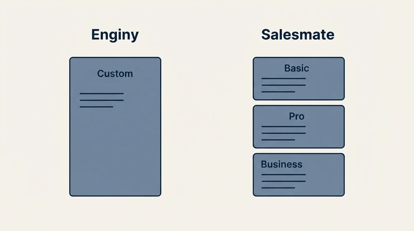 Pricing panels: Pricing Comparison (Enginy, Salesmate, Custom, Basic)
