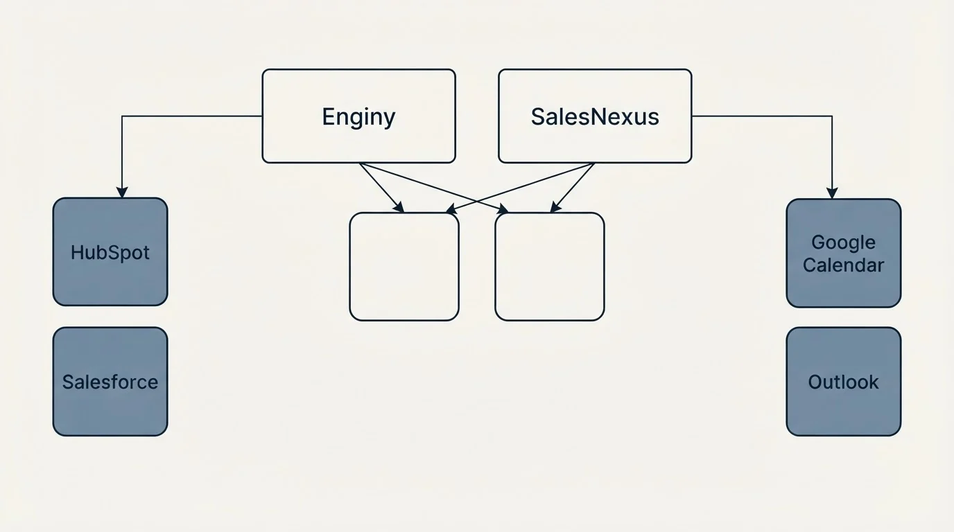 Integration grid: Integration Ecosystem (Enginy, SalesNexus, HubSpot, Google Calendar)