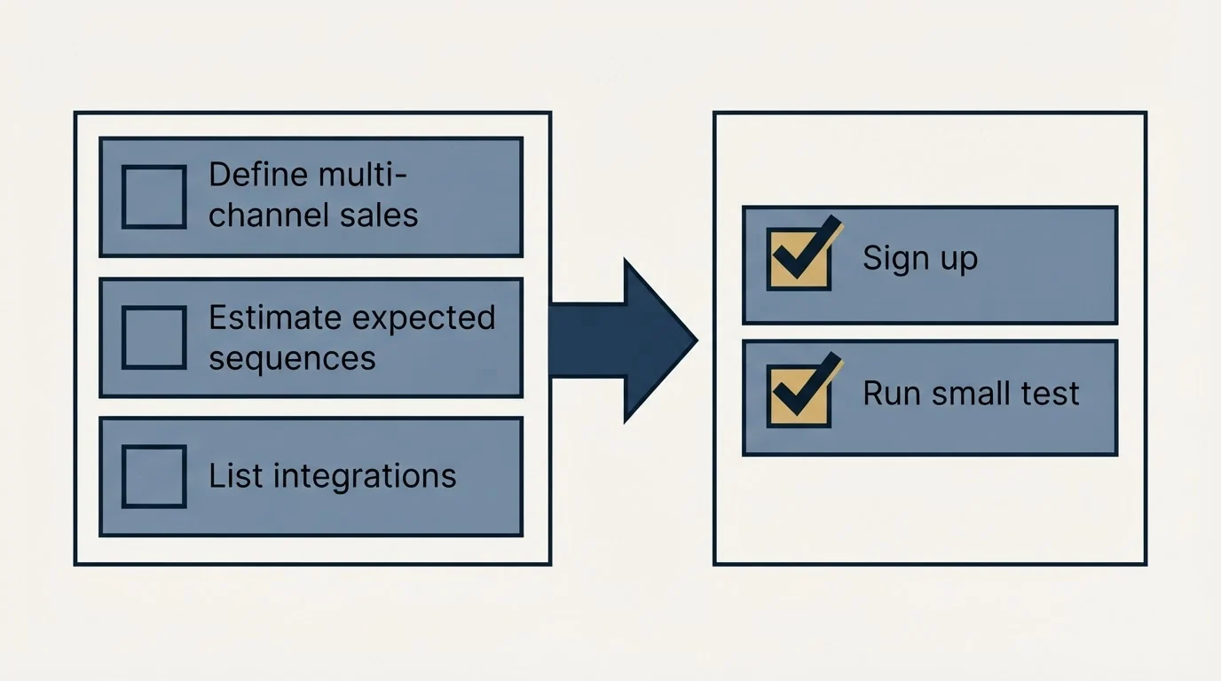 Before-and-after steps: Getting Started Checklist (Define multi-channel sales, Estimate expected sequences, List integrations, Sign up)