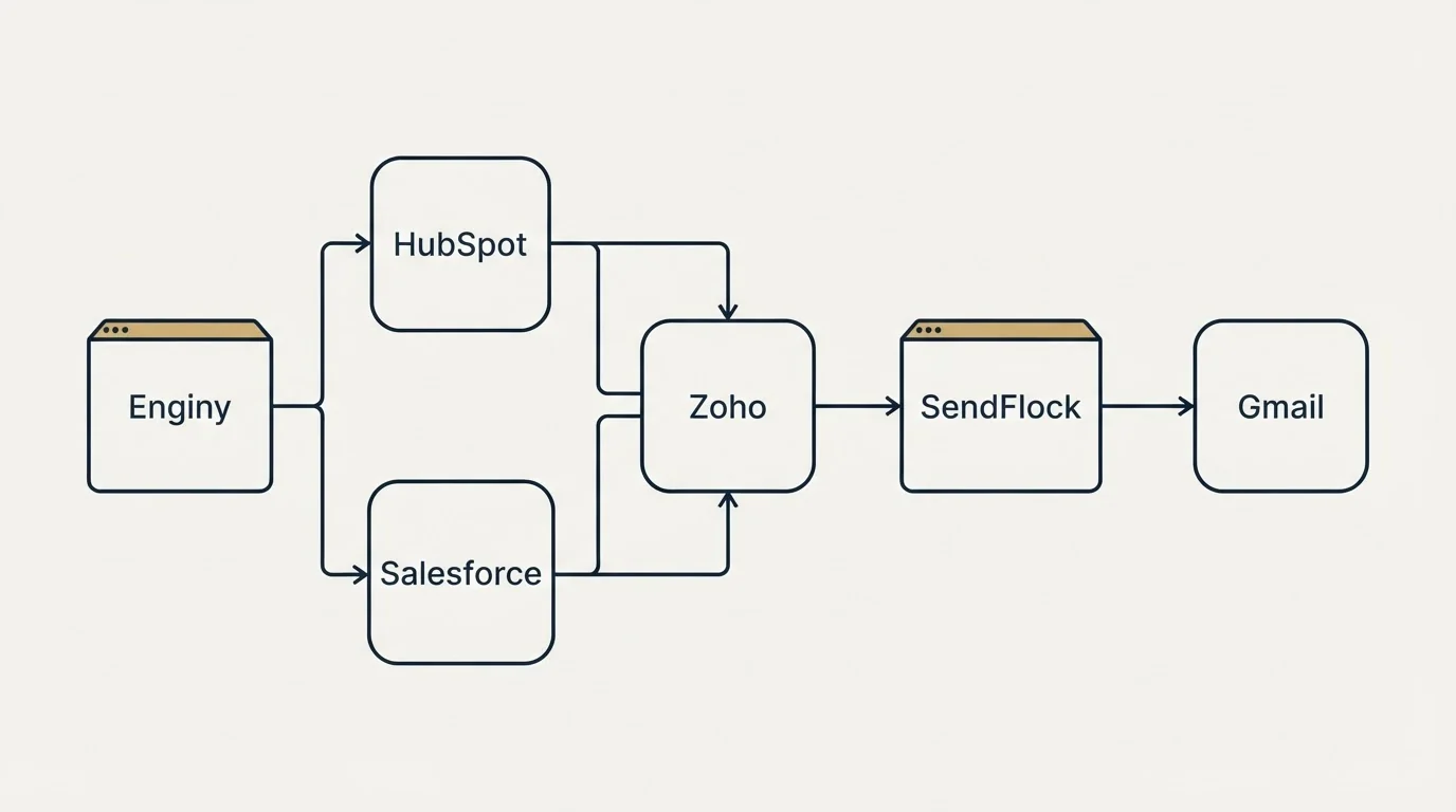 Integration flow: Integration Ecosystem (Enginy, SendFlock, Zoho, HubSpot)