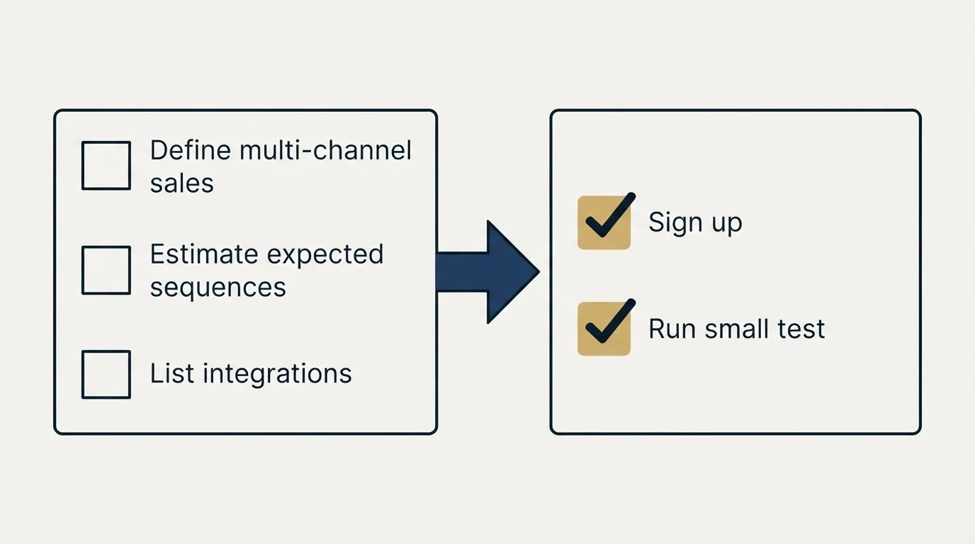Before-and-after steps: Getting Started Checklist (Define multi-channel sales, Estimate expected sequences, List integrations, Sign up)