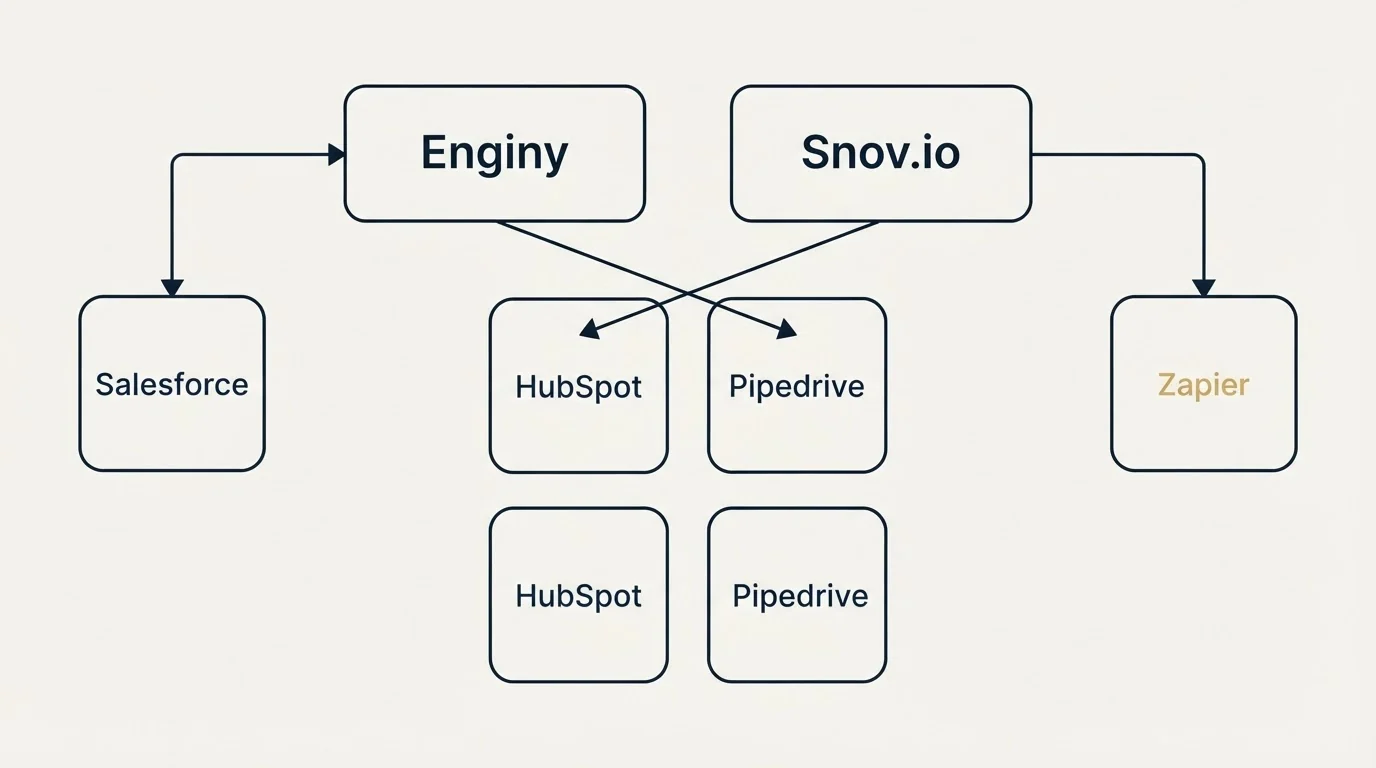 Integration grid: Integration Ecosystem (Enginy, Snov.io, HubSpot, Pipedrive)