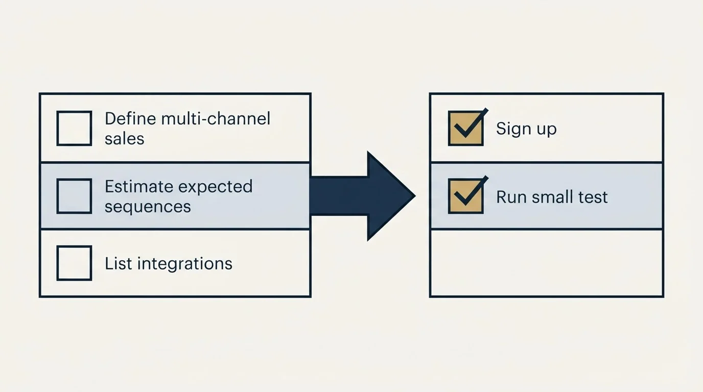 Before-and-after steps: Getting Started Checklist (Define multi-channel sales, Estimate expected sequences, List integrations, Sign up)