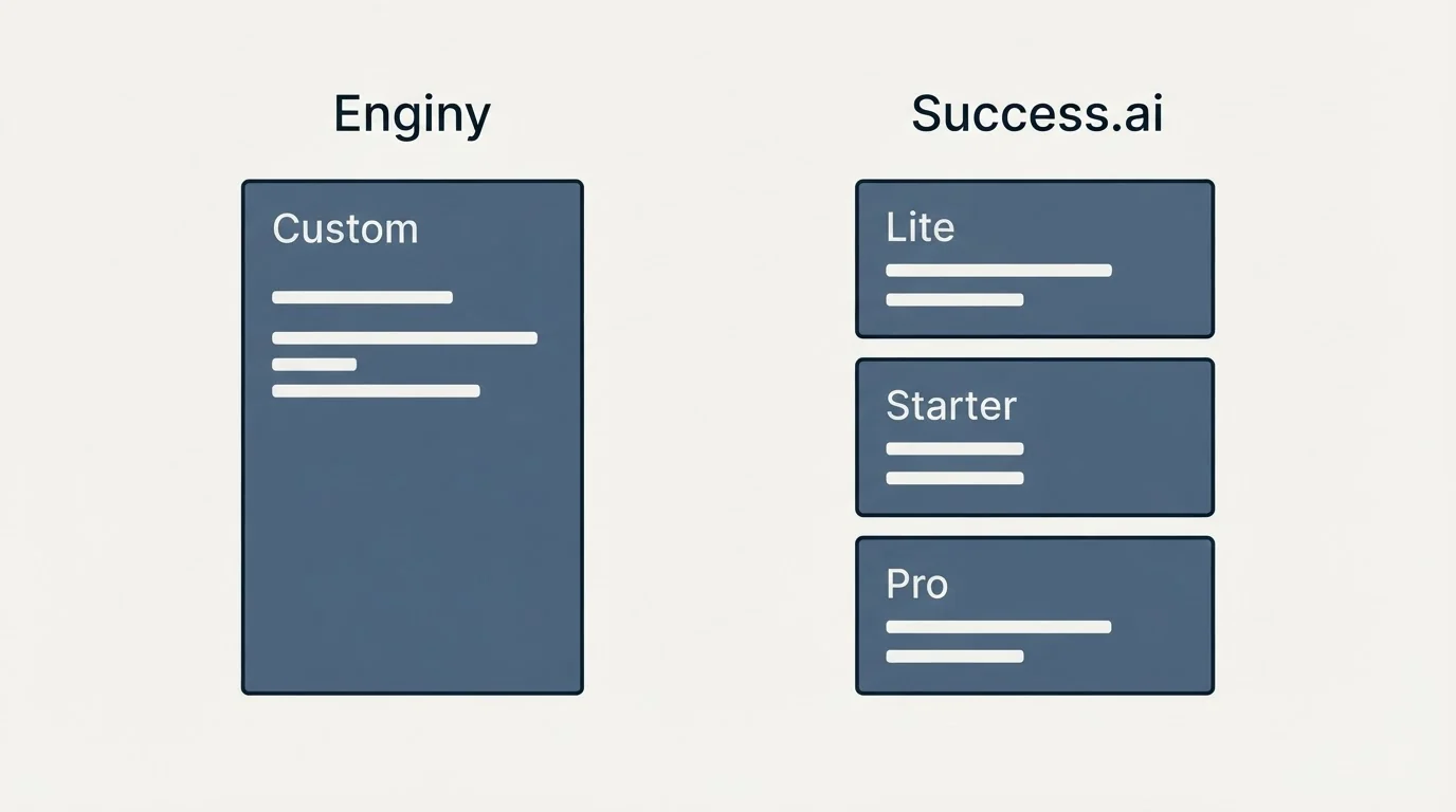 Pricing panels: Pricing Comparison (Enginy, Success.ai, Custom, Lite)