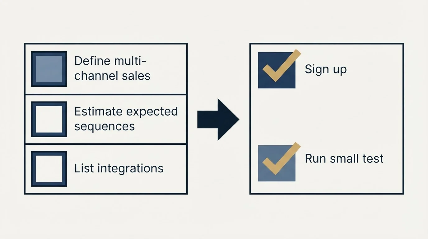 Before-and-after steps: Getting Started Checklist (Define multi-channel sales, Estimate expected sequences, List integrations, Sign up)