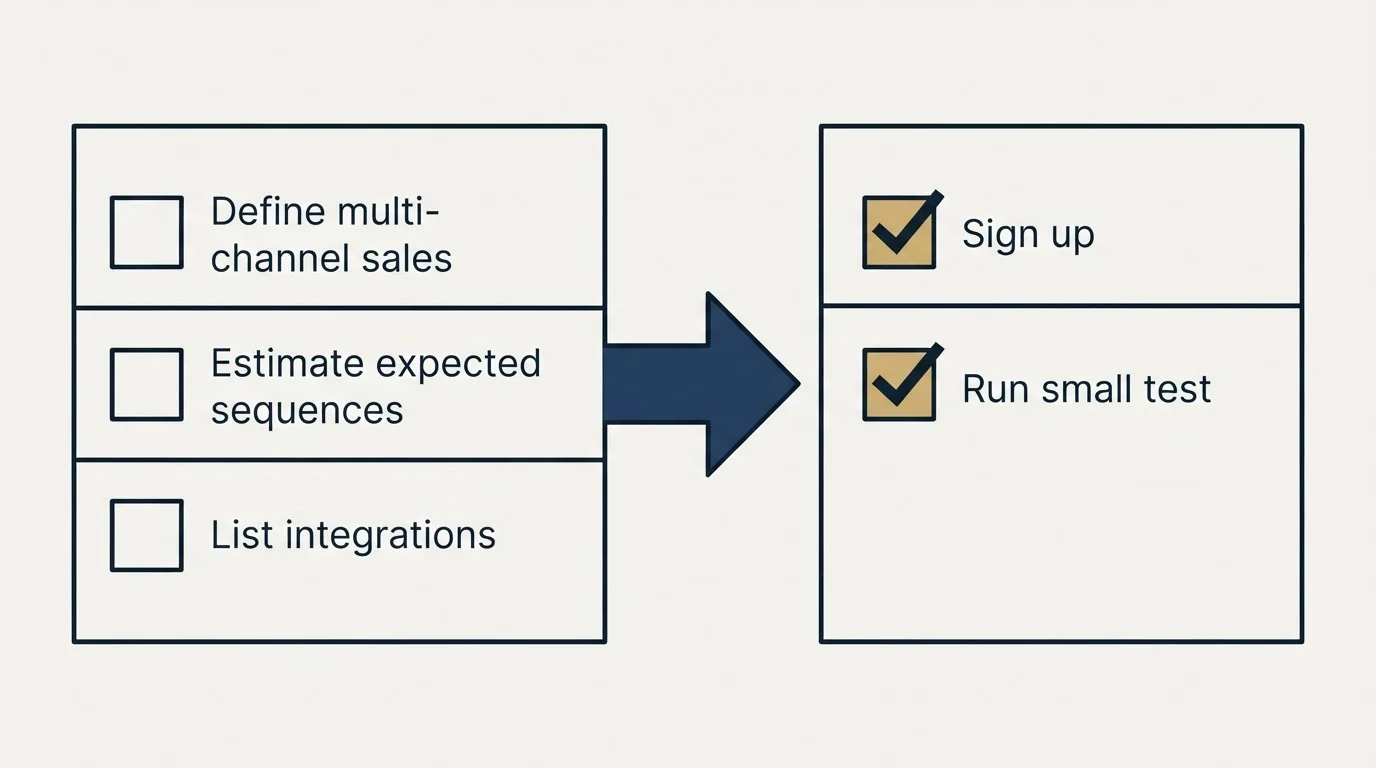 Before-and-after steps: Getting Started Checklist (Define multi-channel sales, Estimate expected sequences, List integrations, Sign up)