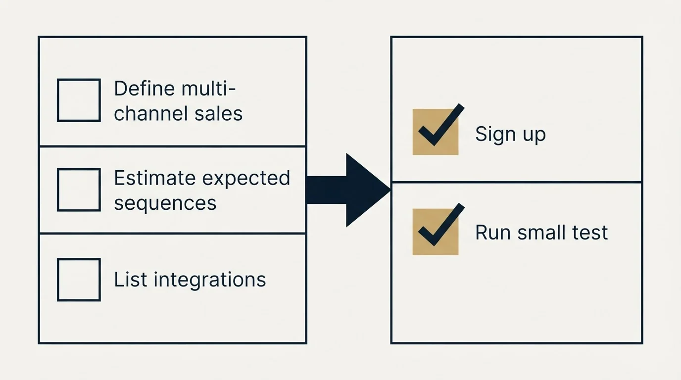 Before-and-after steps: Getting Started Checklist (Define multi-channel sales, Estimate expected sequences, List integrations, Sign up)