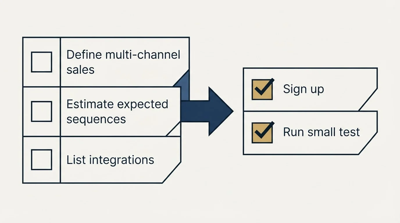 Before-and-after steps: Getting Started Checklist (Define multi-channel sales, Estimate expected sequences, List integrations, Sign up)