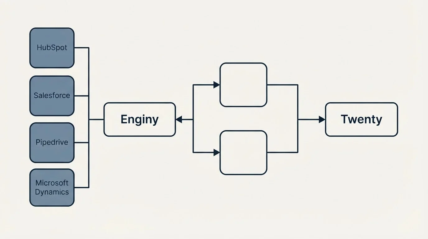 Integration schematic: Integration Ecosystem (Enginy, Twenty, HubSpot, Salesforce)