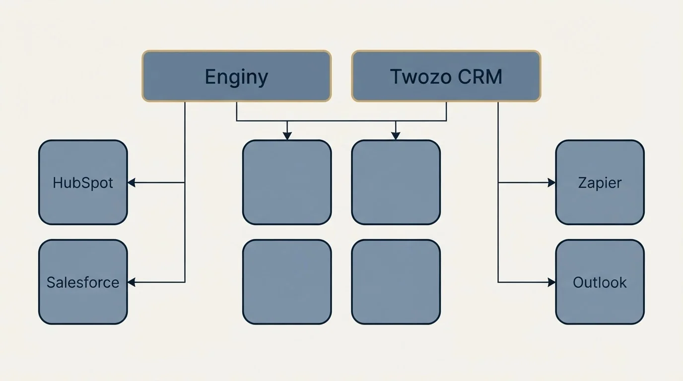 Integration grid: Integration Ecosystem (Enginy, Twozo CRM, HubSpot, Zapier)