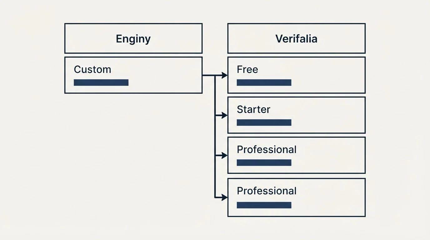 Pricing table: Pricing Comparison (Enginy, Verifalia, Custom, Free)
