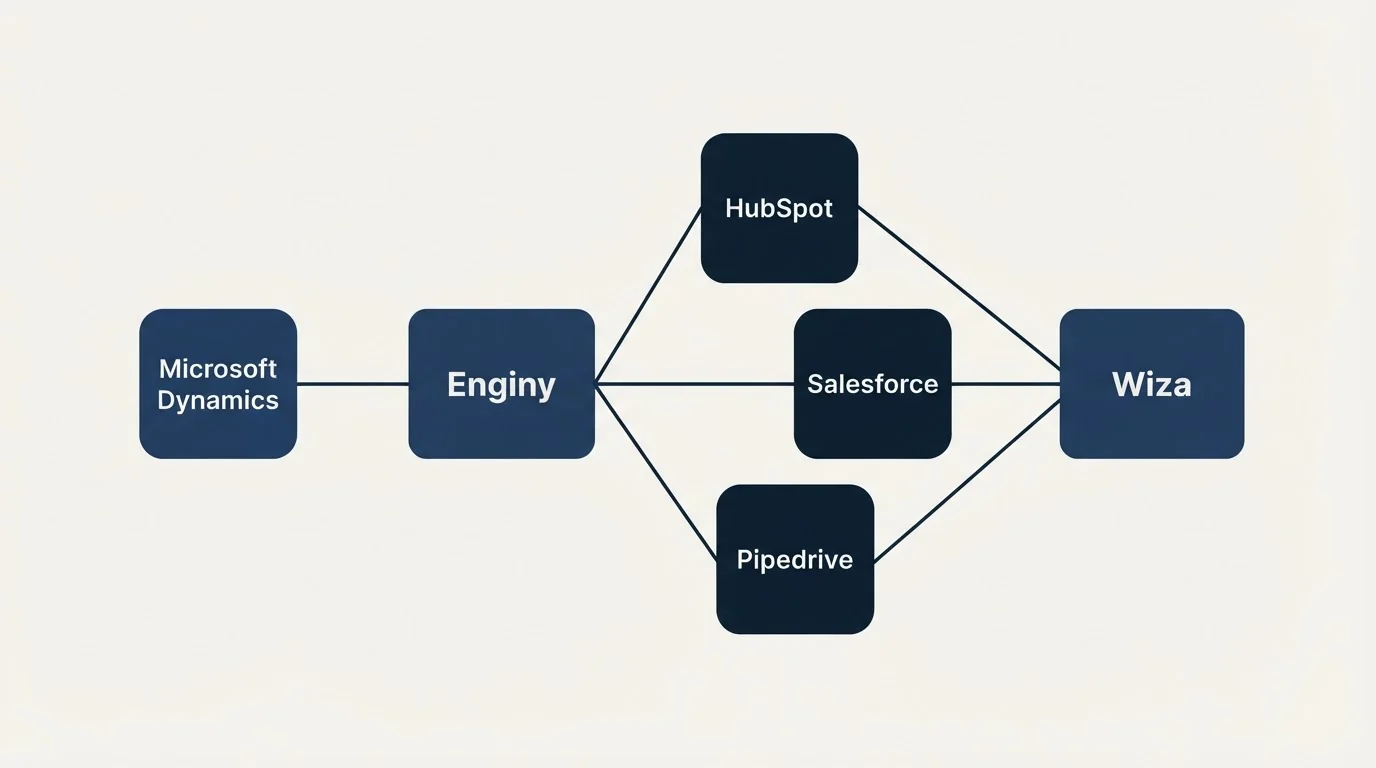 Integration schematic: Integration Ecosystem (Enginy, Wiza, HubSpot, Salesforce)