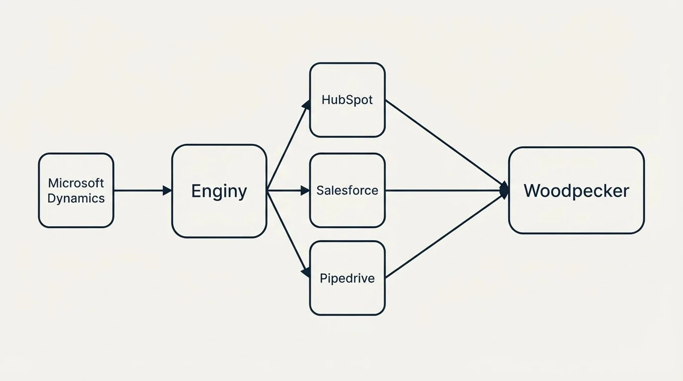 Integration schematic: Integration Ecosystem (Enginy, Woodpecker, HubSpot, Salesforce)