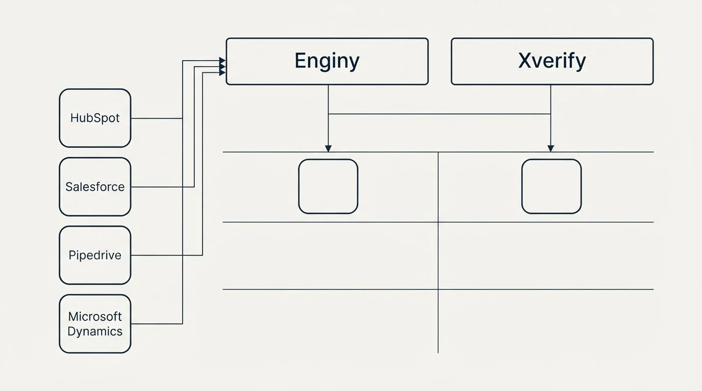 Integration grid: Integration Ecosystem (Enginy, Xverify, HubSpot, Salesforce)
