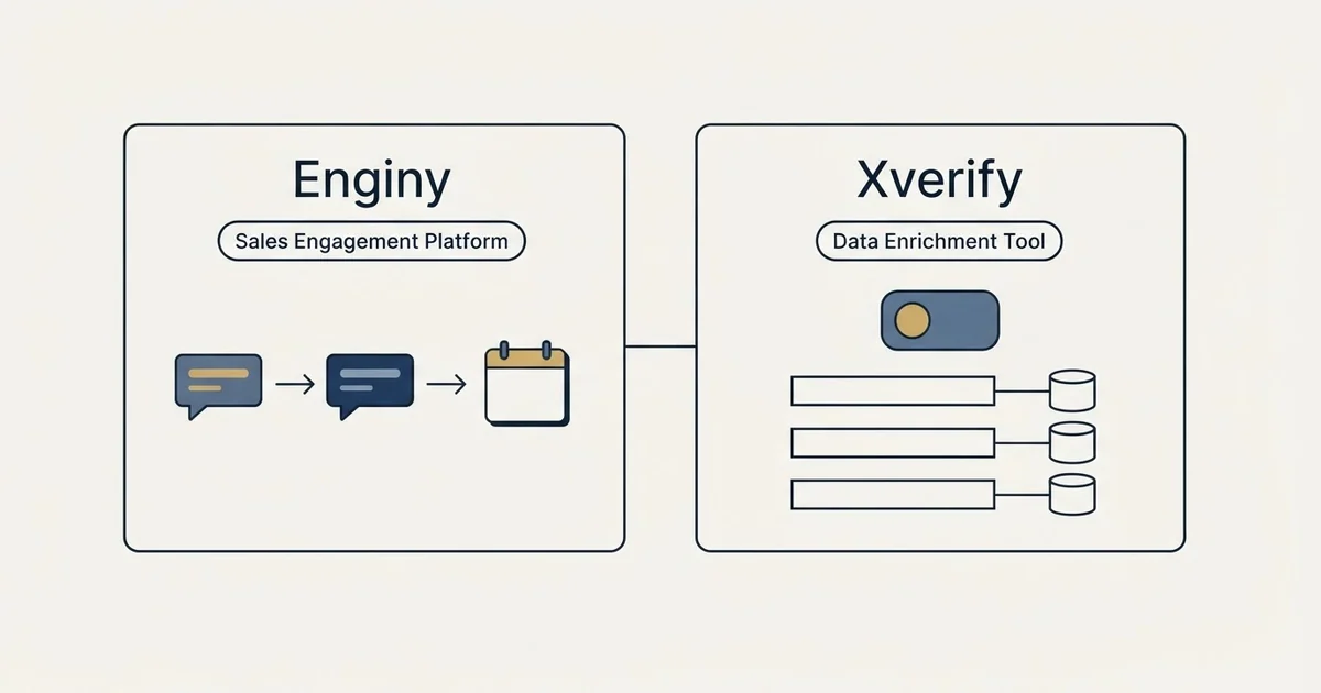 Side-by-side panels: Enginy vs Xverify (Sales Engagement Platform, Data Enrichment Tool)