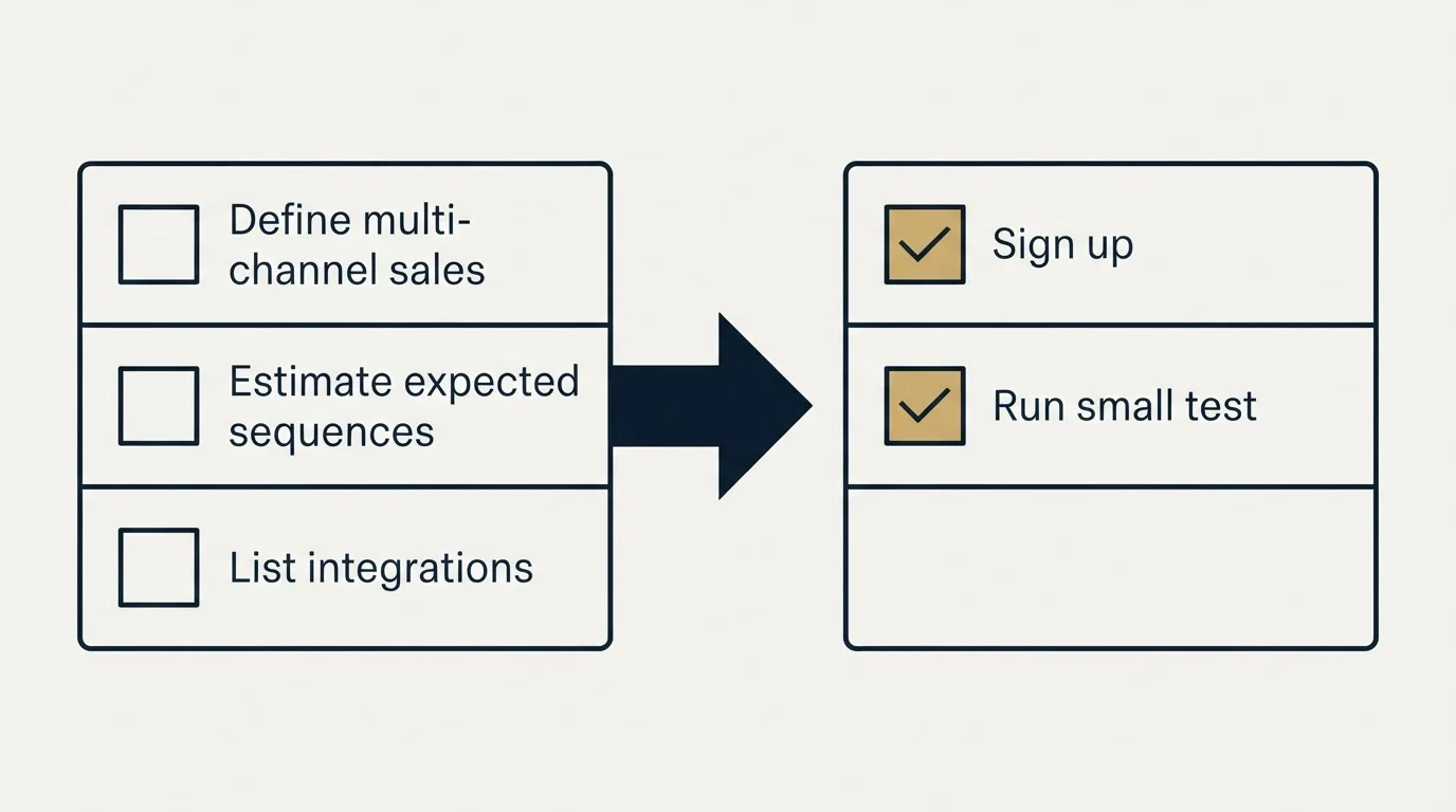 Before-and-after steps: Getting Started Checklist (Define multi-channel sales, Estimate expected sequences, List integrations, Sign up)